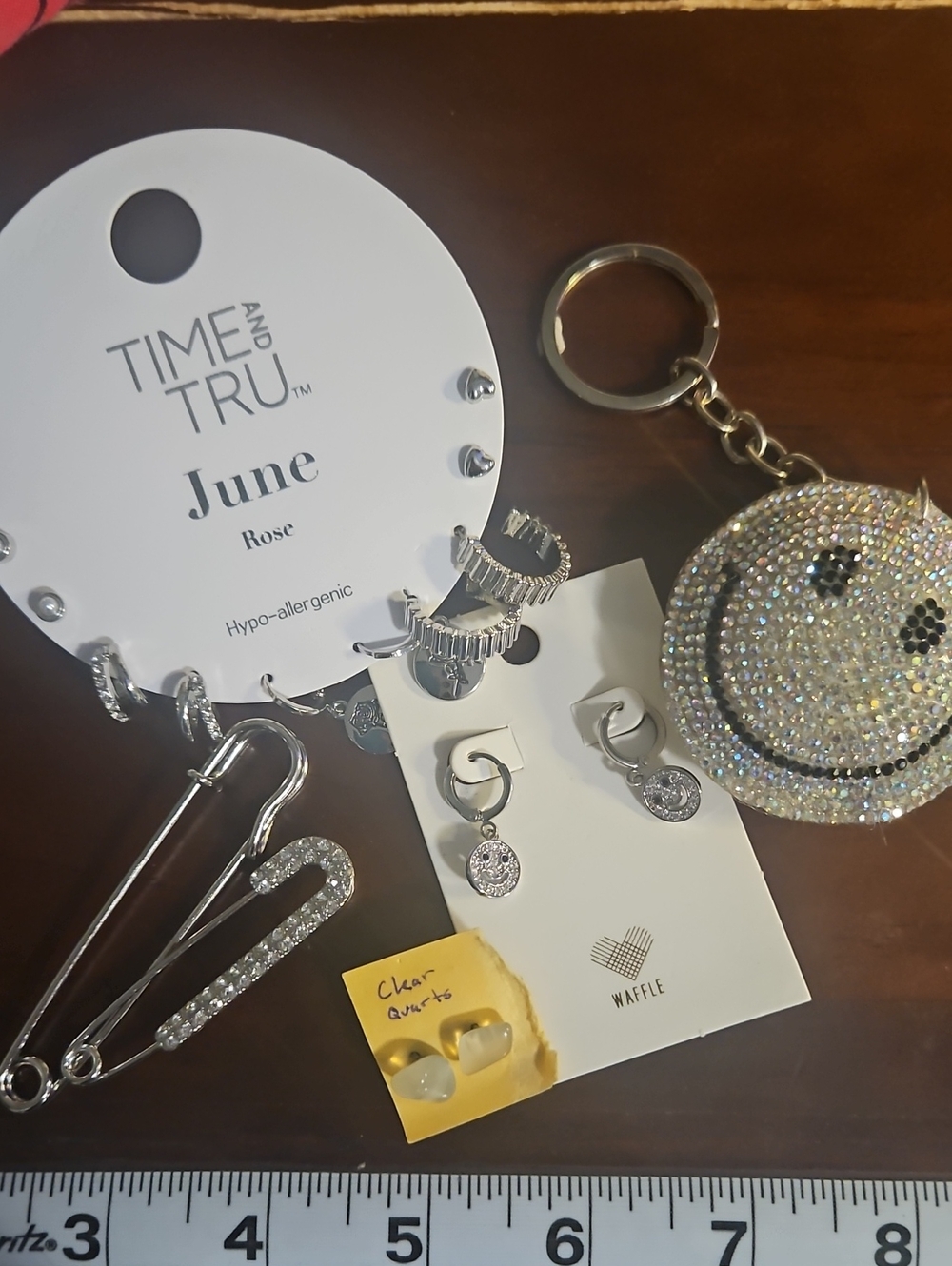 Time and Tru Silver Rhinestone Smiley Face Keychain and Earring Set